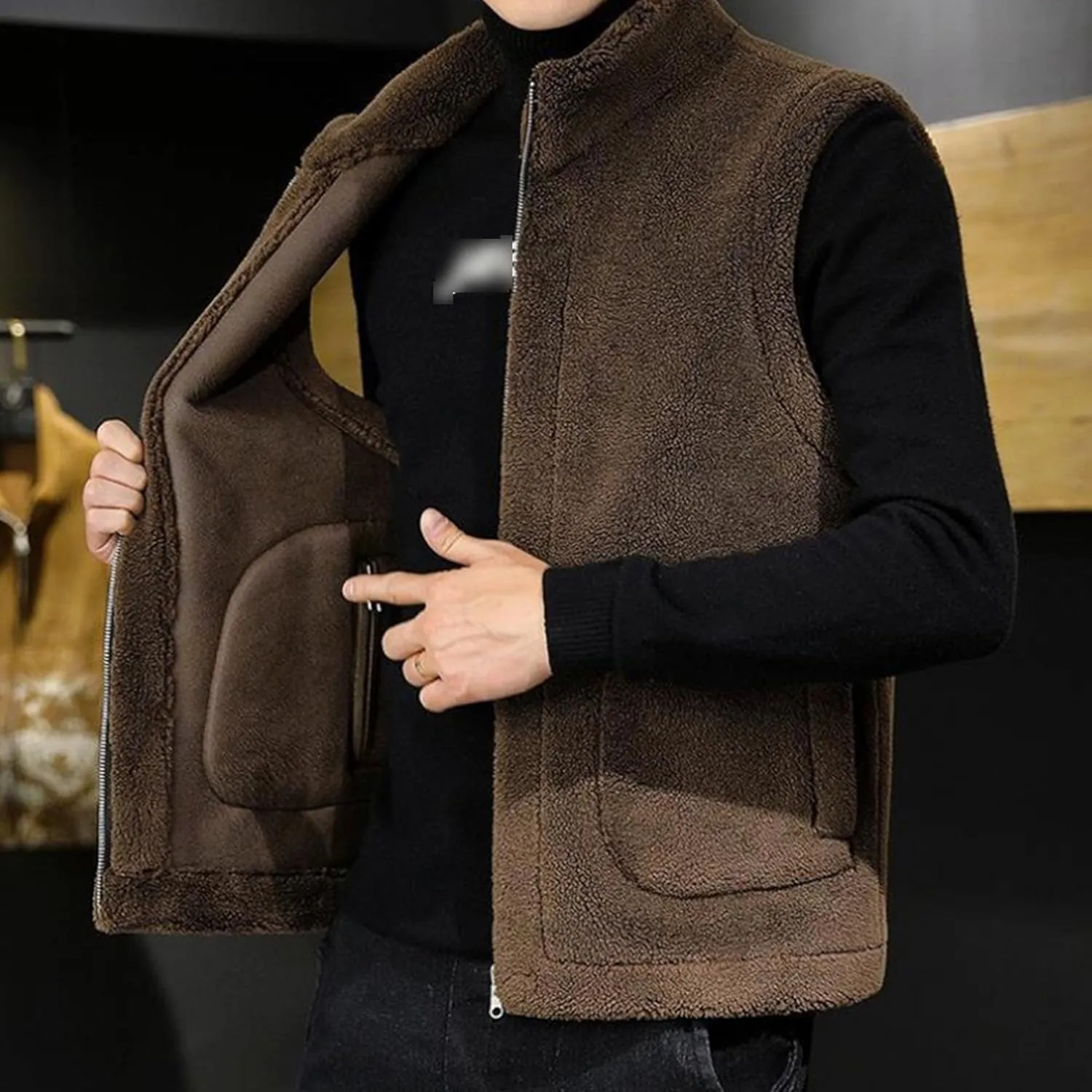 JEsilunmaMY Men's Thicken Warm Winter Sherpa Vests Sleeveless Stand Collar Fleece Cotton Vest Casual Warm Padded Vest Coats