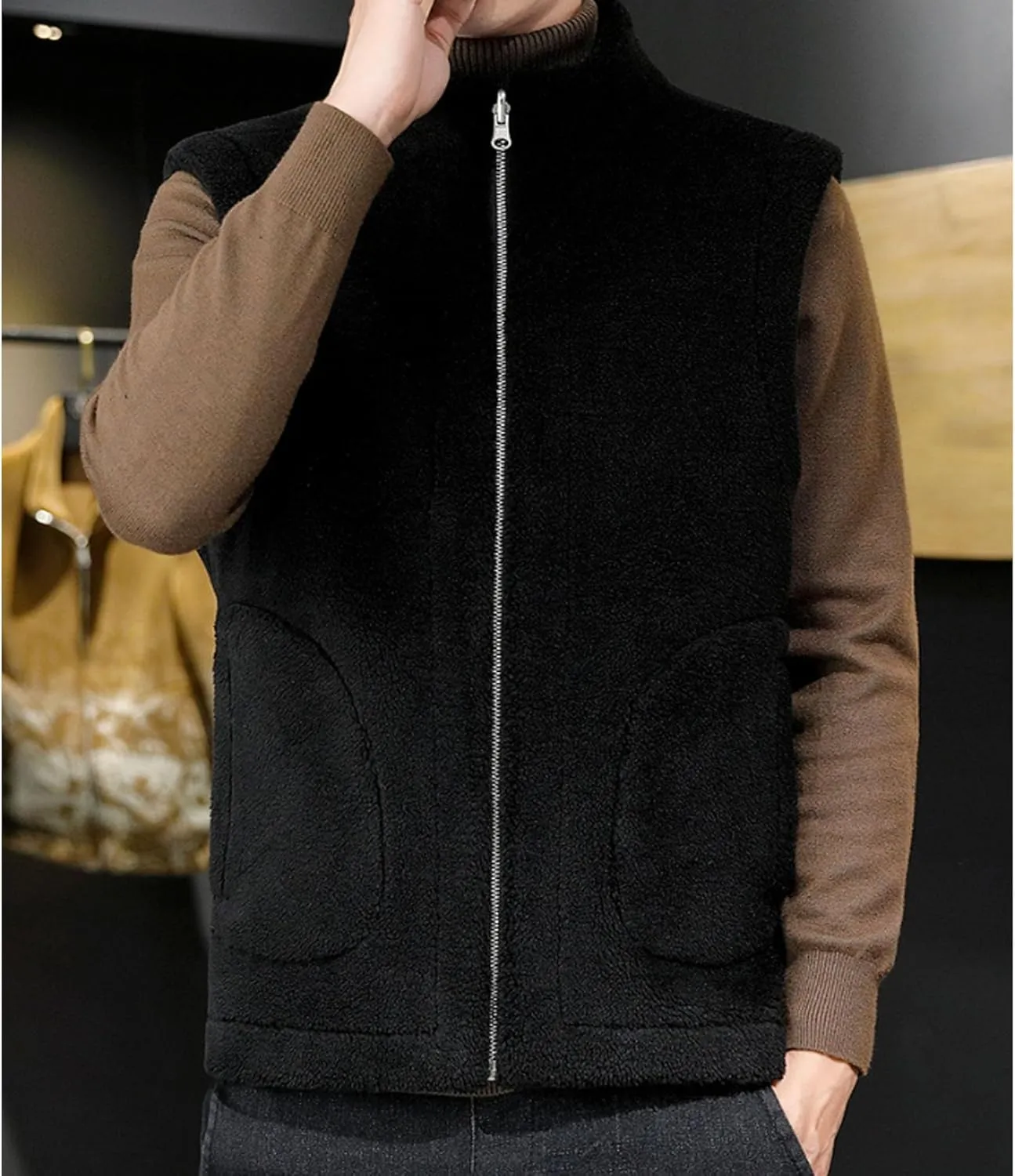 JEsilunmaMY Men's Thicken Warm Winter Sherpa Vests Sleeveless Stand Collar Fleece Cotton Vest Casual Warm Padded Vest Coats