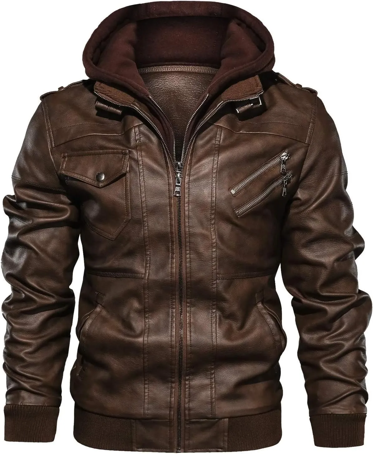 JITUUE Leather Jackets for Men with RemovableHood Black Motorcycle Jacket Zip Fall Winter Coat Bomber Brown