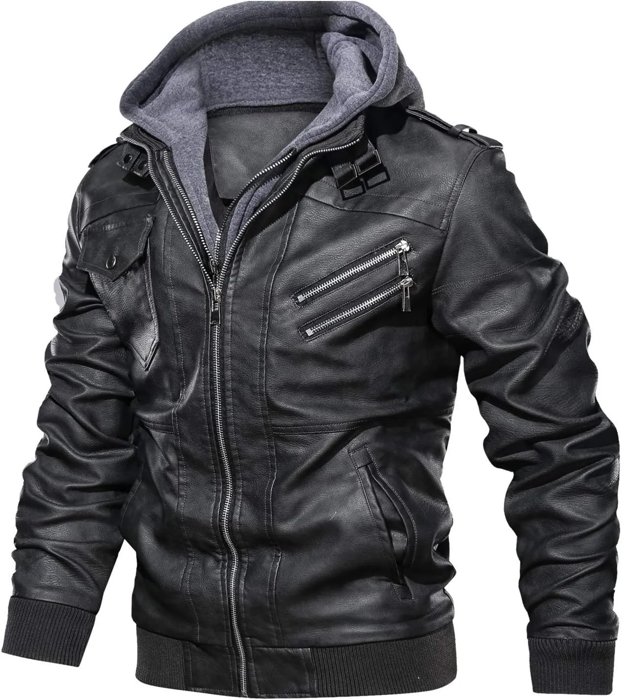JITUUE Leather Jackets for Men with RemovableHood Black Motorcycle Jacket Zip Fall Winter Coat Bomber Brown