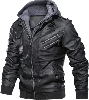JITUUE Leather Jackets for Men with RemovableHood Black Motorcycle Jacket Zip Fall Winter Coat Bomber Brown