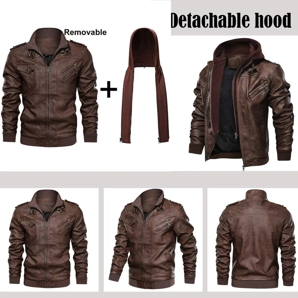 JITUUE Leather Jackets for Men with RemovableHood Black Motorcycle Jacket Zip Fall Winter Coat Bomber Brown
