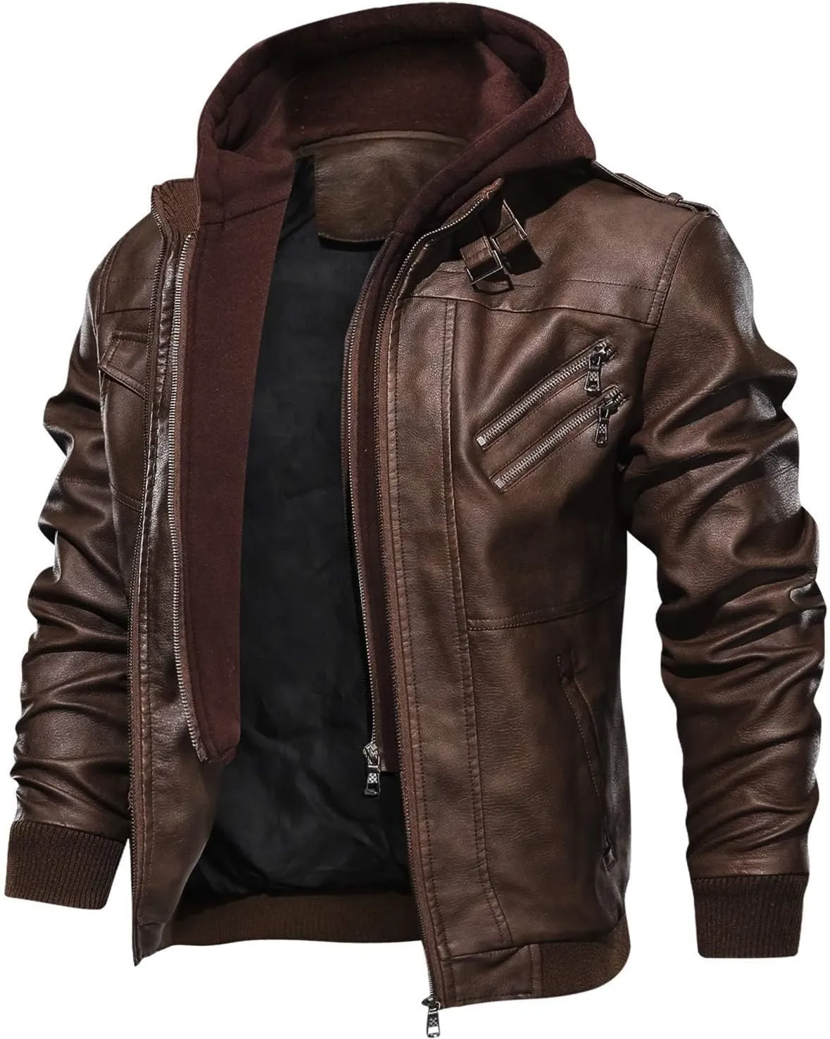 JITUUE Leather Jackets for Men with RemovableHood Black Motorcycle Jacket Zip Fall Winter Coat Bomber Brown