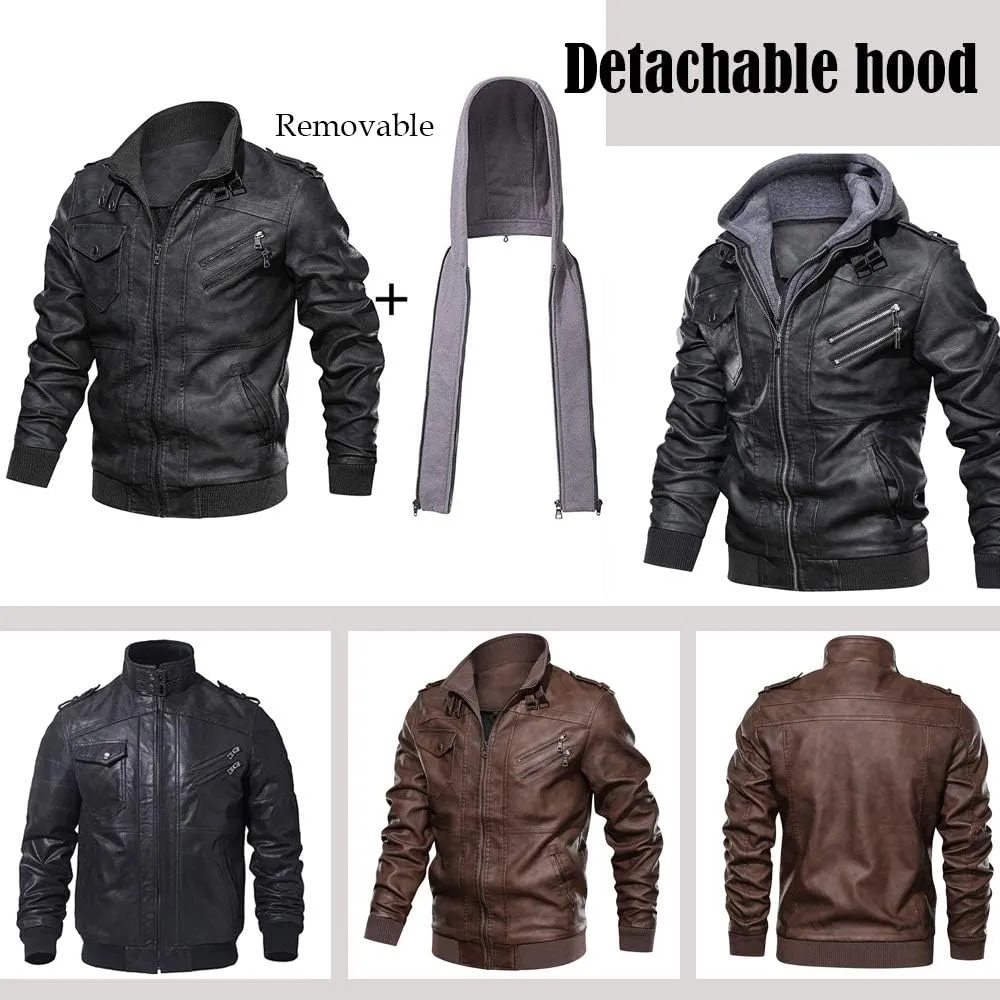 JITUUE Leather Jackets for Men with RemovableHood Black Motorcycle Jacket Zip Fall Winter Coat Bomber Brown
