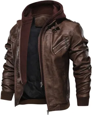 JITUUE Leather Jackets for Men with RemovableHood Black Motorcycle Jacket Zip Fall Winter Coat Bomber Brown