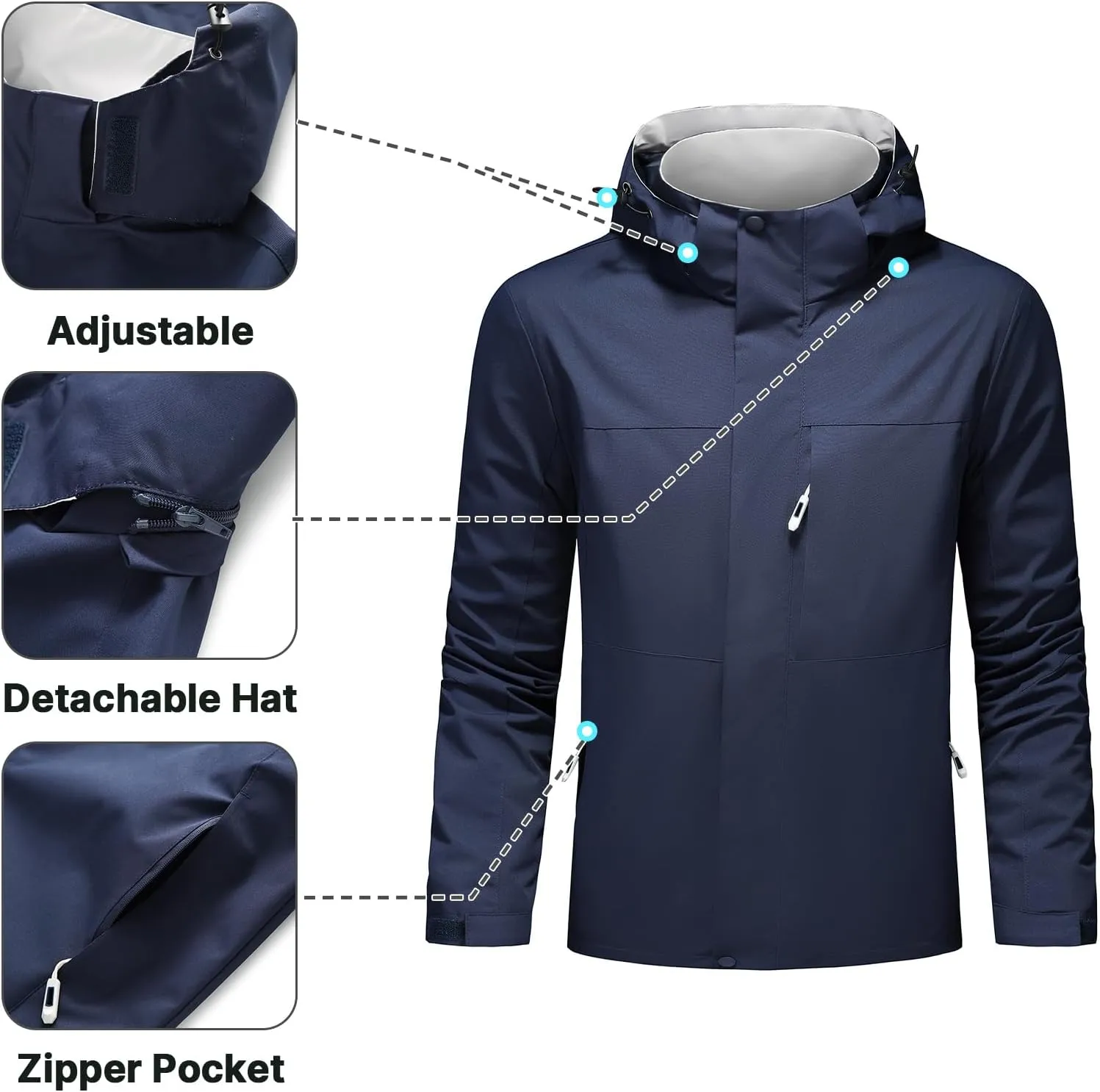 Lamgool Waterproof Jackets for Men Lightweight Rain Jacket Hooded Raincoat Zip Windbreaker for Running Hiking Travel