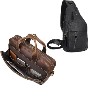 laptop Briefcase 17" Messenger Bag for Men Leather Shoulder Bag Waterproof Chest Bag for All-Purpose Use