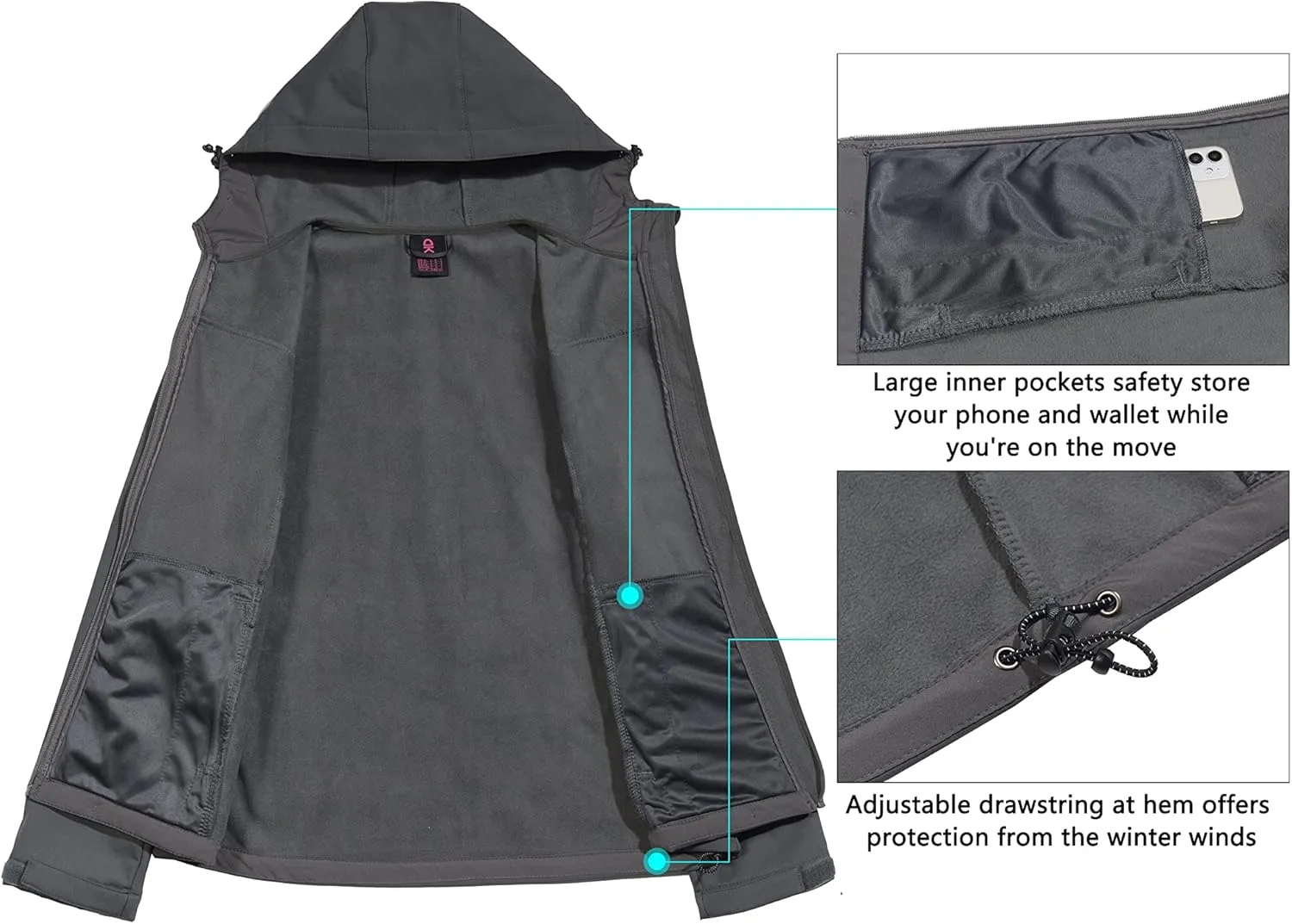 Little Donkey Andy Women's Softshell Jacket Hooded Windproof Fleece Lined Jackets, Lightweight