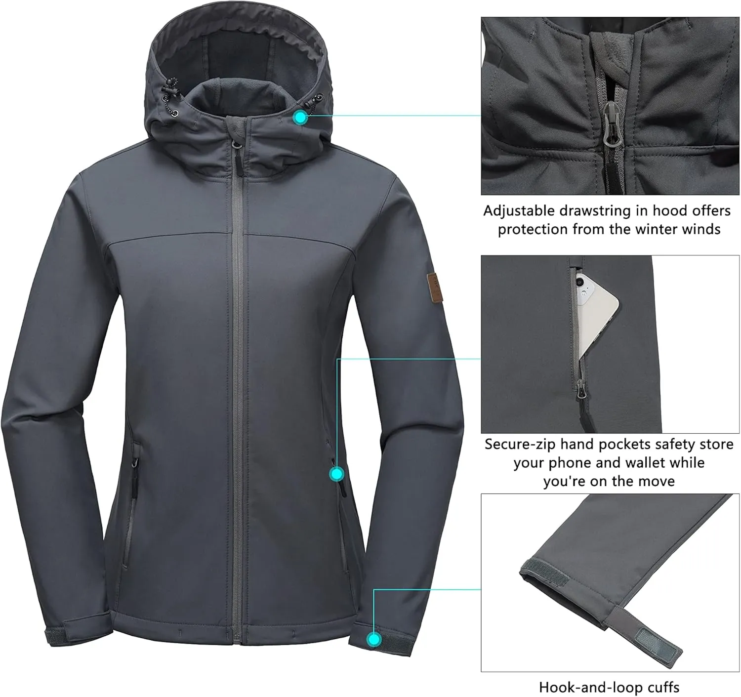 Little Donkey Andy Women's Softshell Jacket Hooded Windproof Fleece Lined Jackets, Lightweight