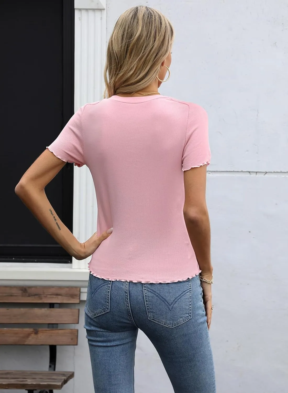 LOLONG Womens Short Sleeve Crew Neck T Shirts Summer Ribbed Knit Fitted Casual Basic Tees Lettuce Trim Tops
