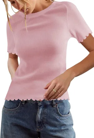 LOLONG Womens Short Sleeve Crew Neck T Shirts Summer Ribbed Knit Fitted Casual Basic Tees Lettuce Trim Tops