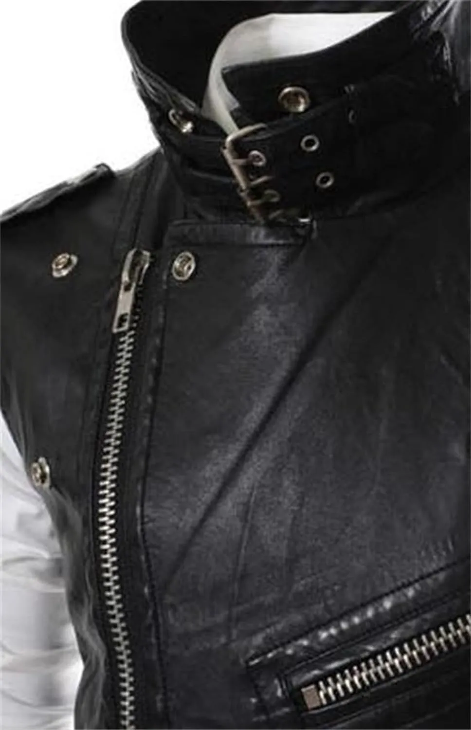 Men's Denim Jackets Leather Vest Korean Version Slim Fit Zip Lapel Short Leather Coat