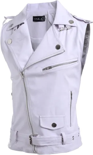 Men's Denim Jackets Leather Vest Korean Version Slim Fit Zip Lapel Short Leather Coat