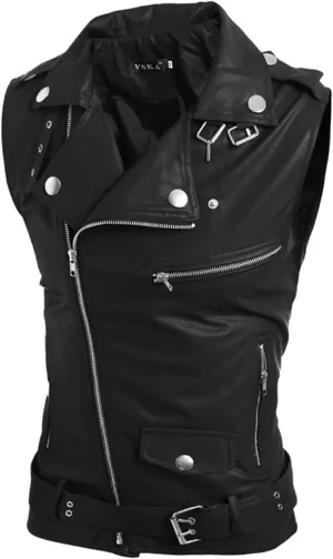 Men's Denim Jackets Leather Vest Korean Version Slim Fit Zip Lapel Short Leather Coat