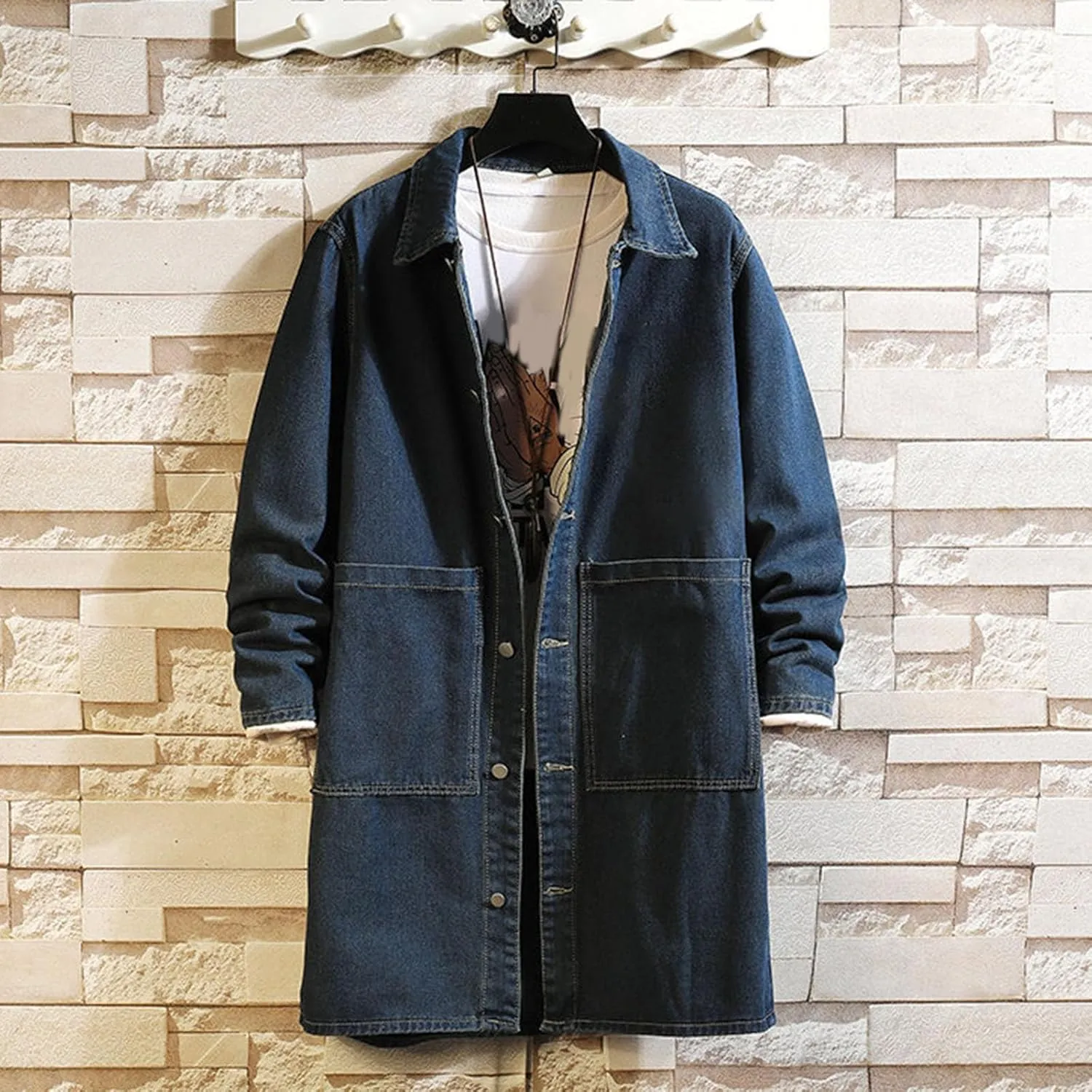 Men's Denim Jackets Winter and Autumn Loose Casual Denim Trench Coat Long Coat