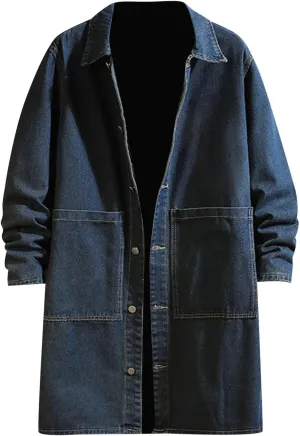 Men's Denim Jackets Winter and Autumn Loose Casual Denim Trench Coat Long Coat