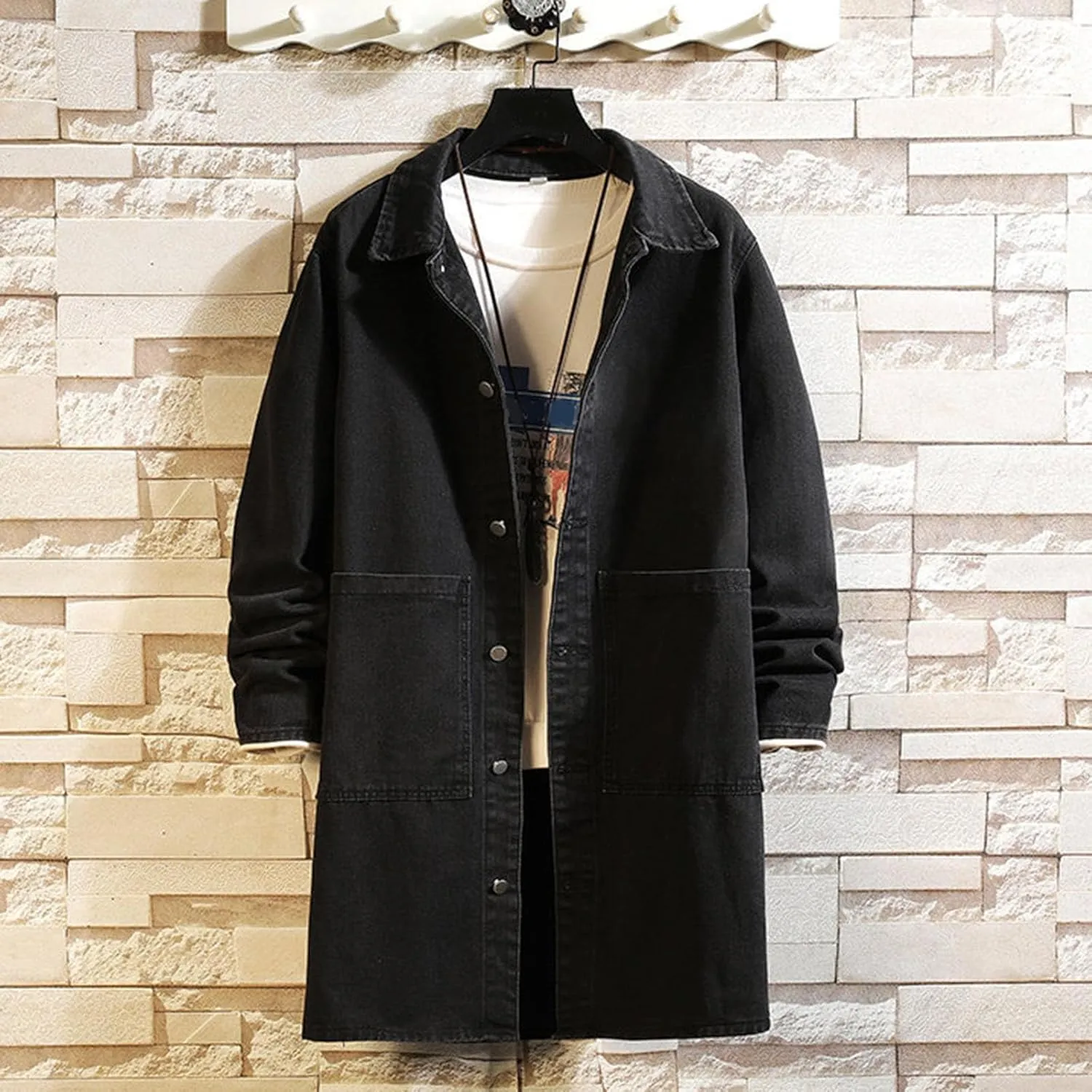 Men's Denim Jackets Winter and Autumn Loose Casual Denim Trench Coat Long Coat