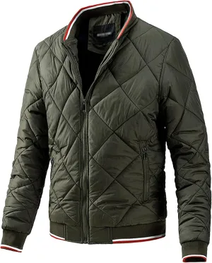 Mens Diamond Quilted Jacket Cotton Sportwear Full Zipper Bomber Coats Lightweight Padded Windbreaker Jackets