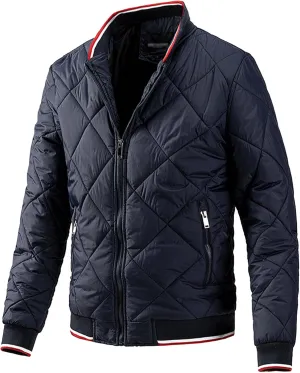 Mens Diamond Quilted Jacket Cotton Sportwear Full Zipper Bomber Coats Lightweight Padded Windbreaker Jackets