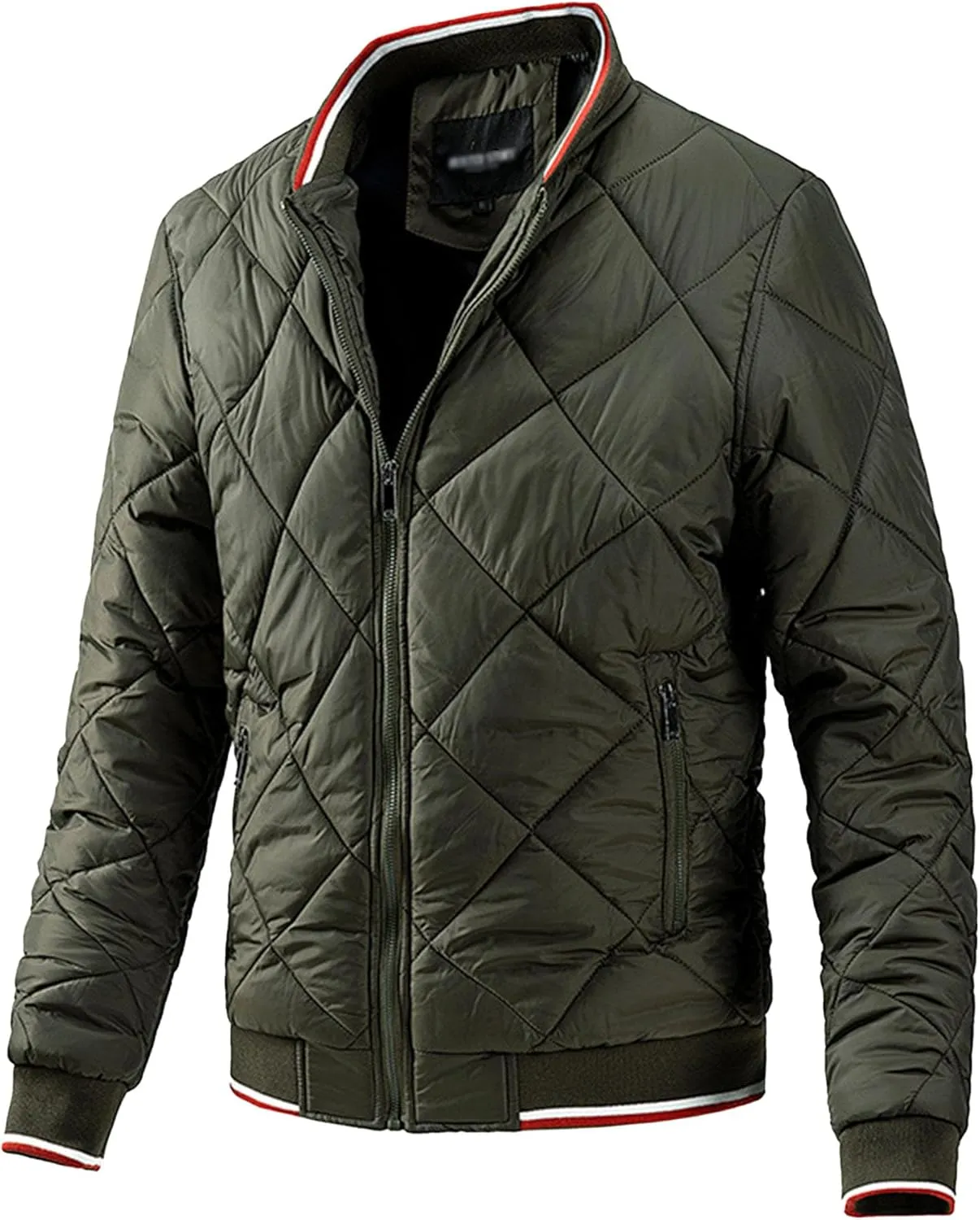 Mens Diamond Quilted Jacket Cotton Sportwear Full Zipper Bomber Coats Lightweight Padded Windbreaker Jackets