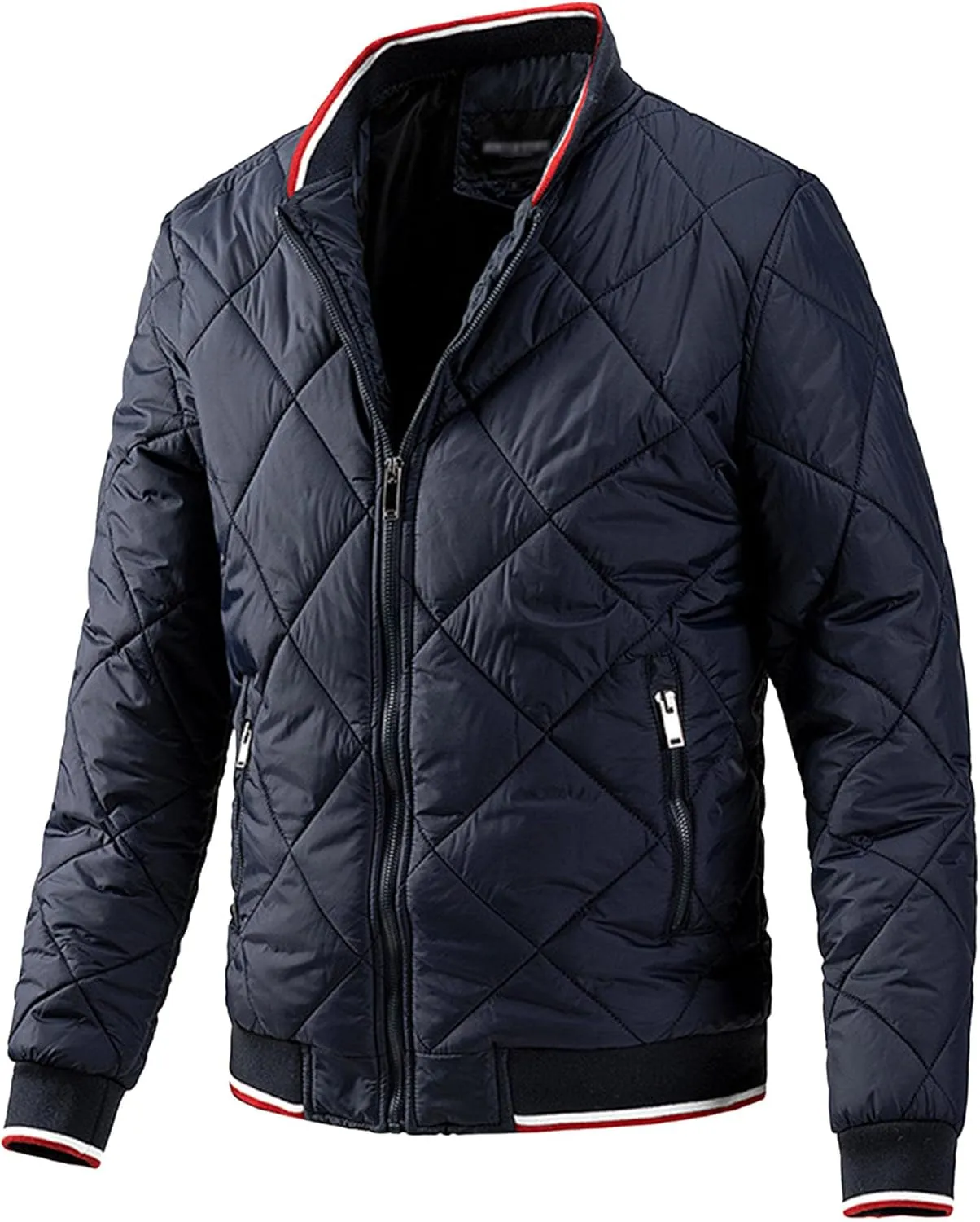 Mens Diamond Quilted Jacket Cotton Sportwear Full Zipper Bomber Coats Lightweight Padded Windbreaker Jackets