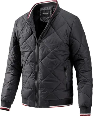 Mens Diamond Quilted Jacket Cotton Sportwear Full Zipper Bomber Coats Lightweight Padded Windbreaker Jackets