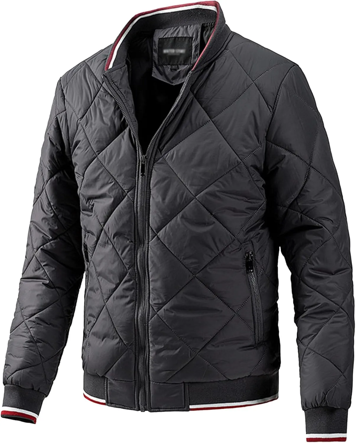 Mens Diamond Quilted Jacket Cotton Sportwear Full Zipper Bomber Coats Lightweight Padded Windbreaker Jackets