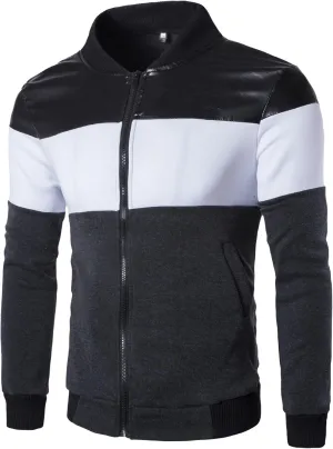 Men's Full Zip Varsity Jacket Faux Leather Casual Baseball Jackets Stand Collar Slim Fit Bomber Coat