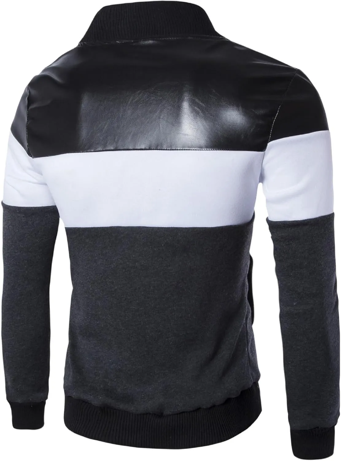 Men's Full Zip Varsity Jacket Faux Leather Casual Baseball Jackets Stand Collar Slim Fit Bomber Coat