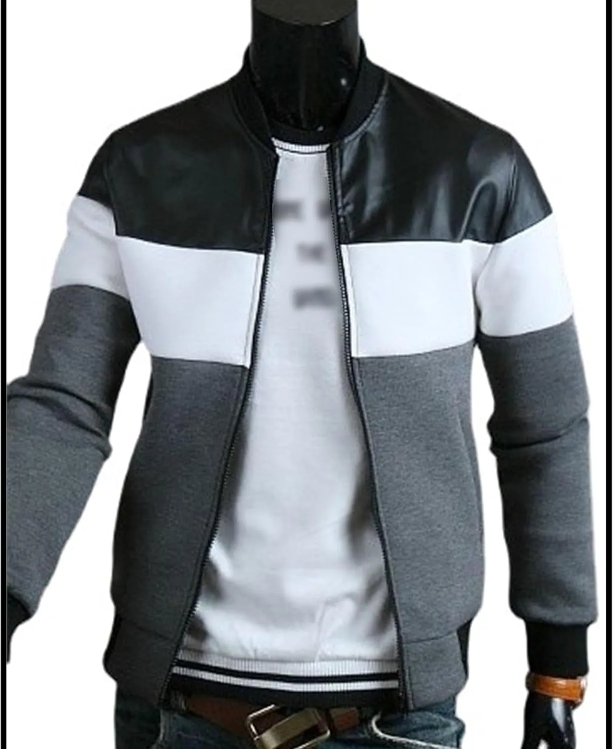 Men's Full Zip Varsity Jacket Faux Leather Casual Baseball Jackets Stand Collar Slim Fit Bomber Coat