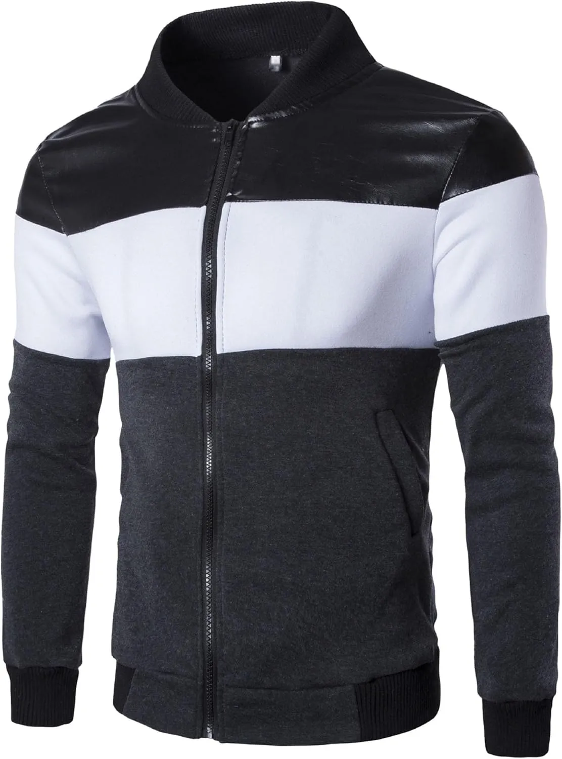 Men's Full Zip Varsity Jacket Faux Leather Casual Baseball Jackets Stand Collar Slim Fit Bomber Coat