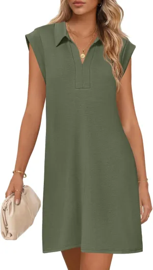 MEROKEETY Women's 2025 Summer Short Sleeve Mini Dress Casual Collared V Neck Loose T Shirt Dresses