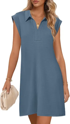 MEROKEETY Women's 2025 Summer Short Sleeve Mini Dress Casual Collared V Neck Loose T Shirt Dresses