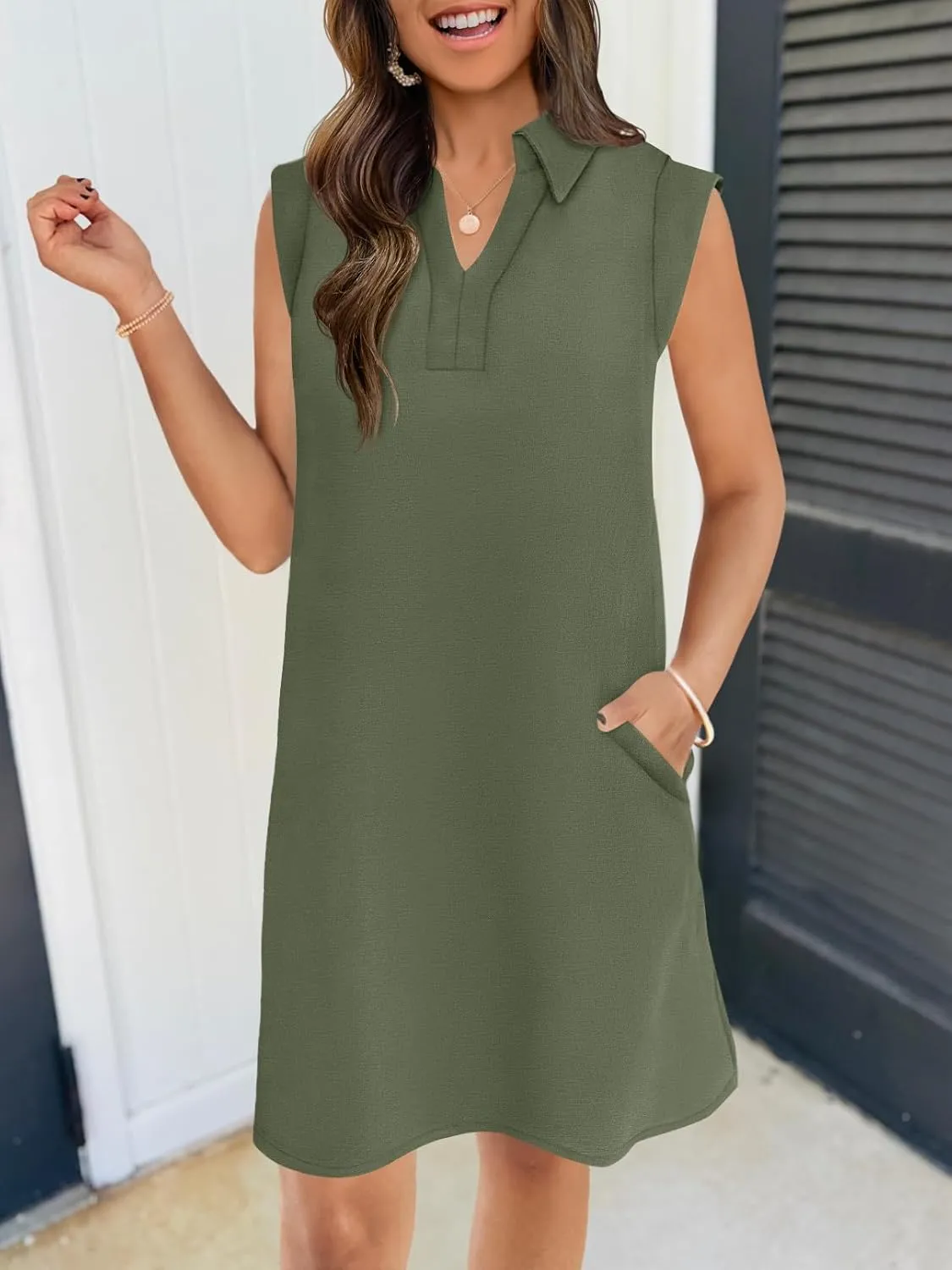 MEROKEETY Women's 2025 Summer Short Sleeve Mini Dress Casual Collared V Neck Loose T Shirt Dresses