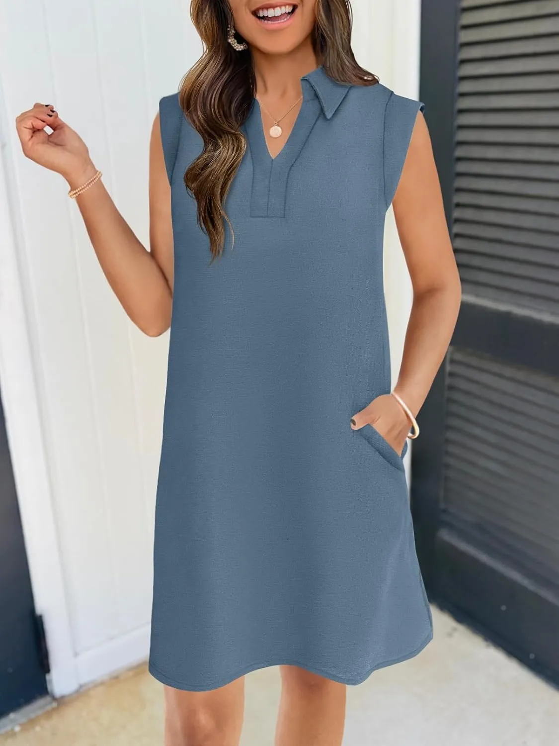 MEROKEETY Women's 2025 Summer Short Sleeve Mini Dress Casual Collared V Neck Loose T Shirt Dresses