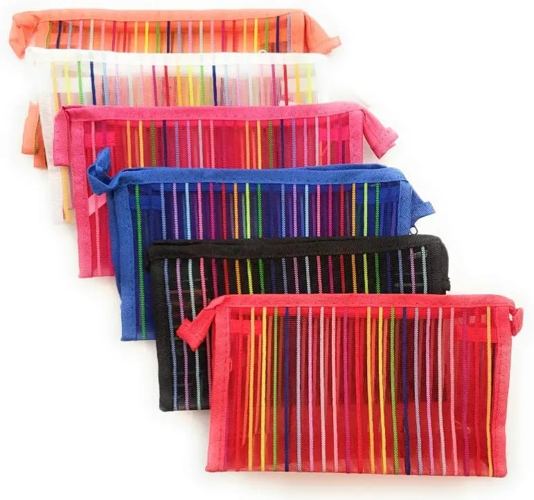 Occasions Gift Giving 4.5" X 7.75" See Thru Mesh Zipper All Purpose Cosmetic Bag (Pink Striped)