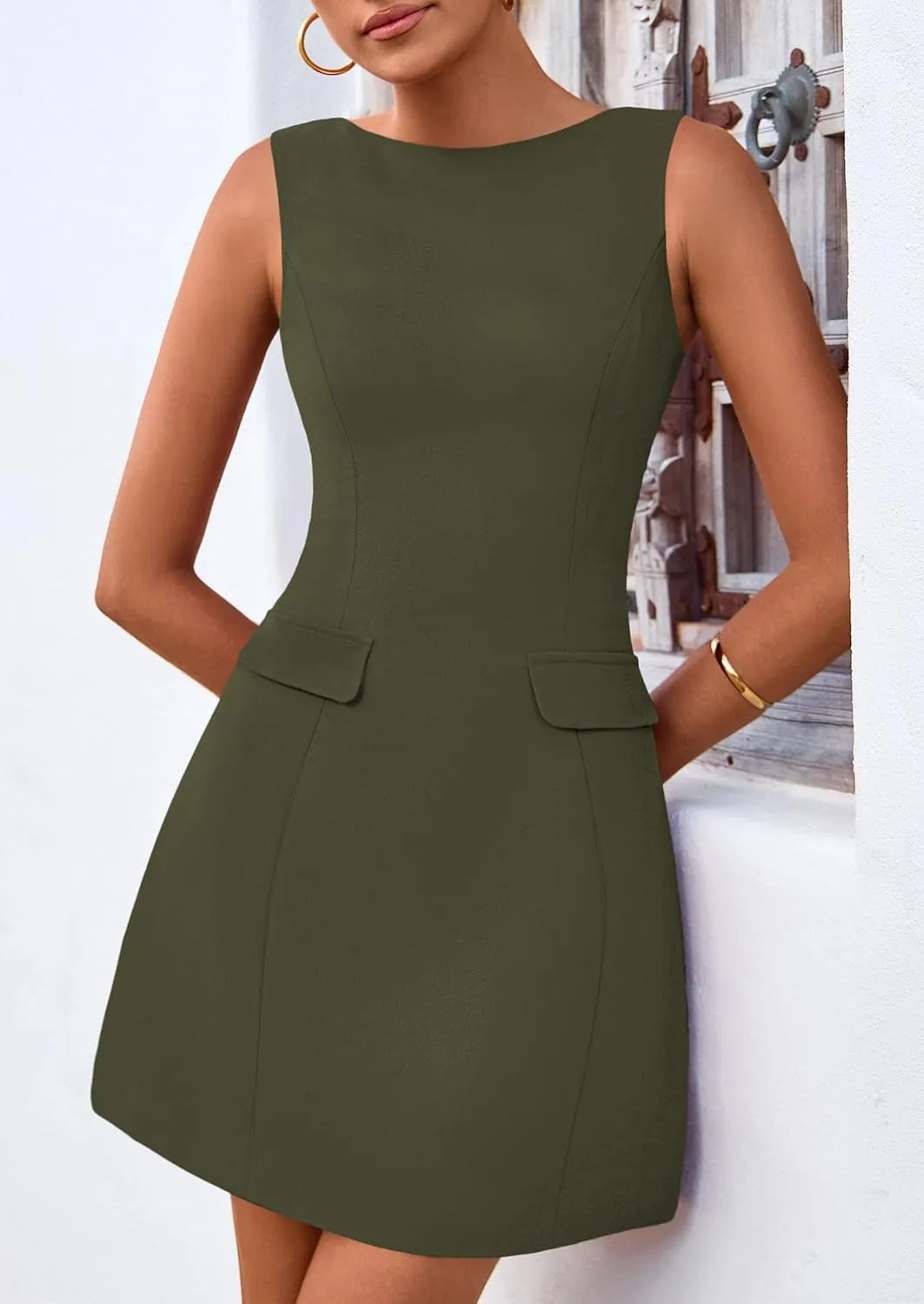 PRETTYGARDEN Womens 2025 Formal Sleeveless Summer Dresses Boat Neck Zipper Bodycon A Line Business Work Mini Dress