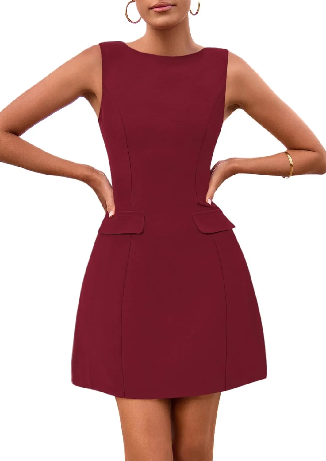 PRETTYGARDEN Womens 2025 Formal Sleeveless Summer Dresses Boat Neck Zipper Bodycon A Line Business Work Mini Dress