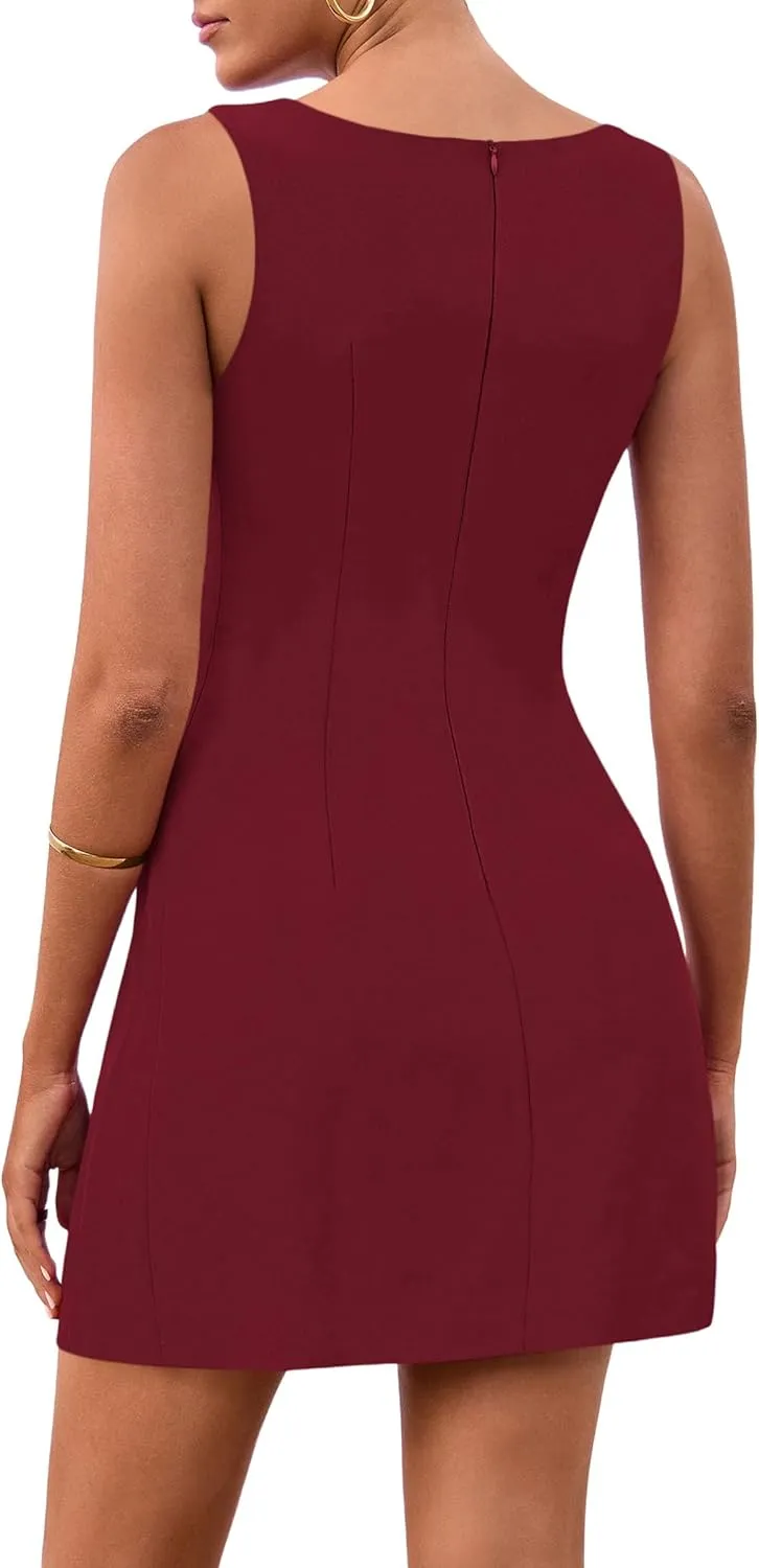 PRETTYGARDEN Womens 2025 Formal Sleeveless Summer Dresses Boat Neck Zipper Bodycon A Line Business Work Mini Dress