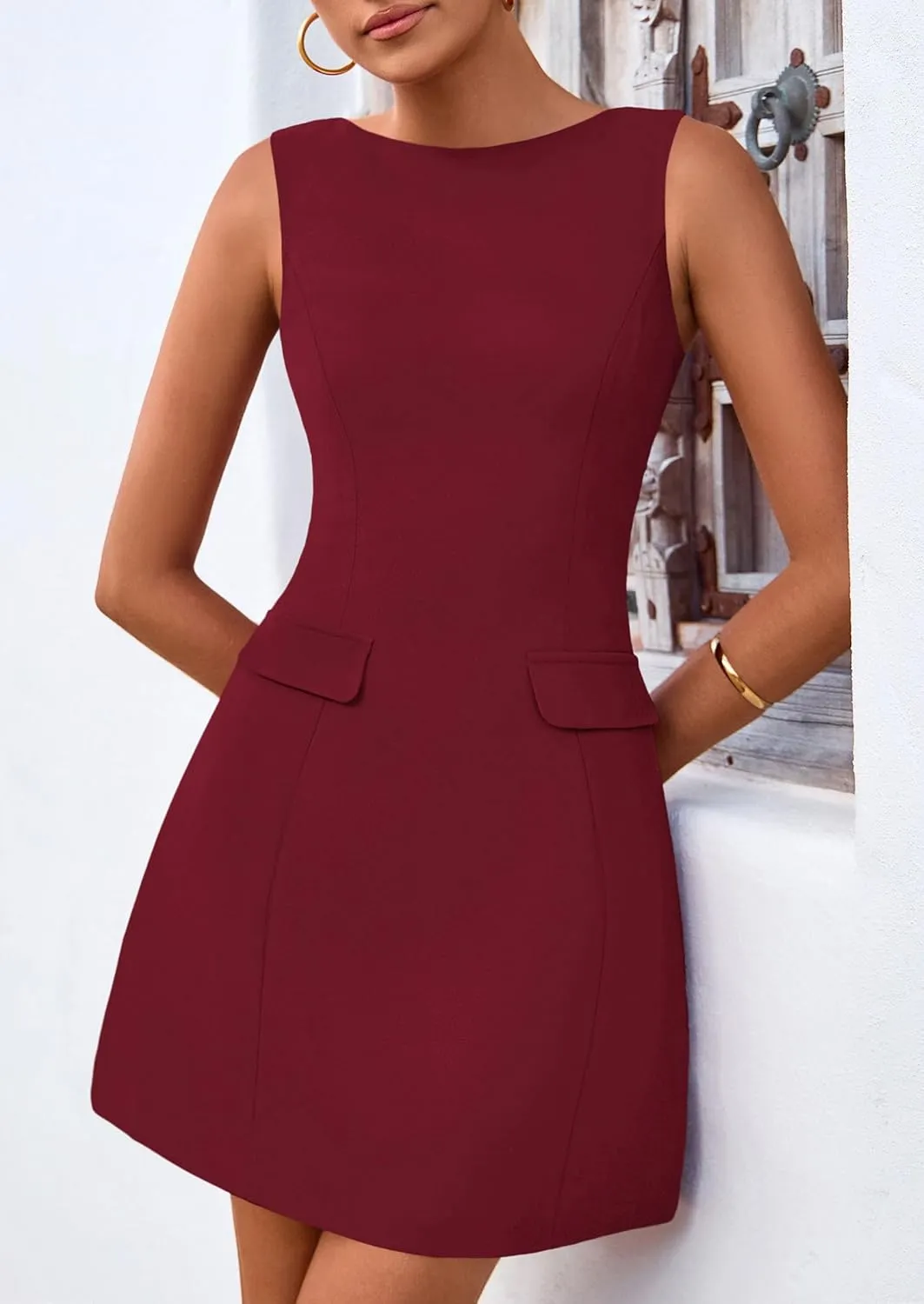 PRETTYGARDEN Womens 2025 Formal Sleeveless Summer Dresses Boat Neck Zipper Bodycon A Line Business Work Mini Dress