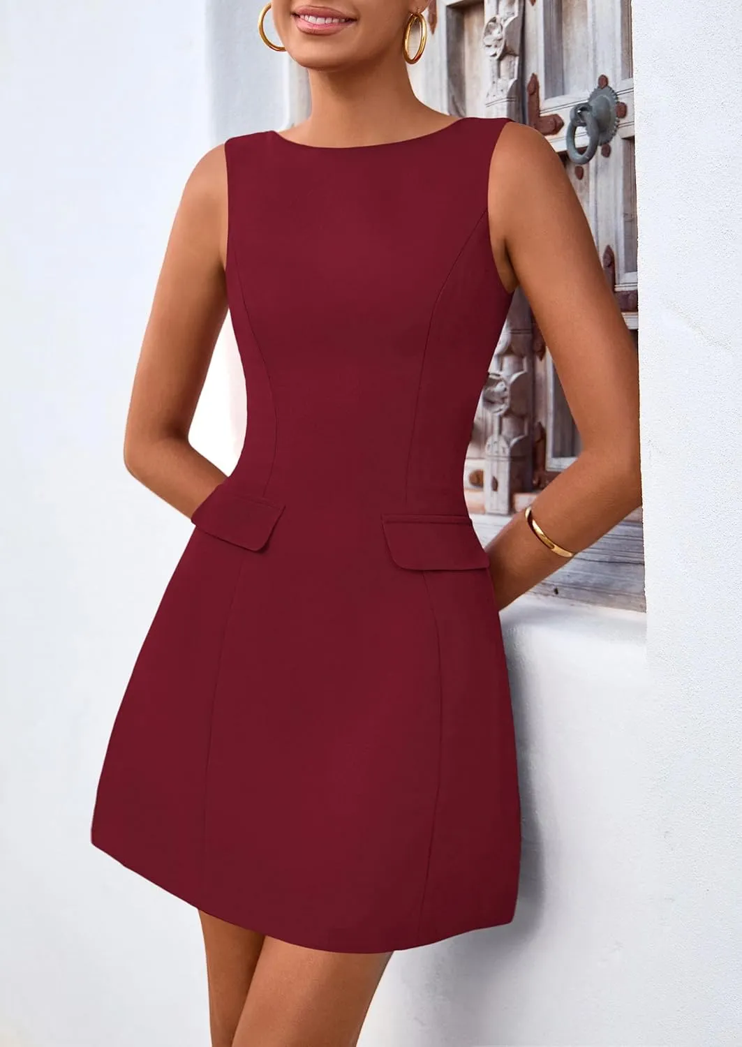 PRETTYGARDEN Womens 2025 Formal Sleeveless Summer Dresses Boat Neck Zipper Bodycon A Line Business Work Mini Dress
