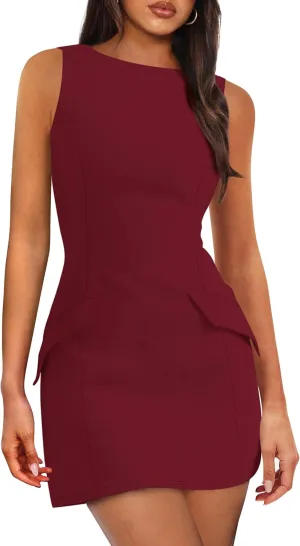 PRETTYGARDEN Womens 2025 Formal Sleeveless Summer Dresses Boat Neck Zipper Bodycon A Line Business Work Mini Dress