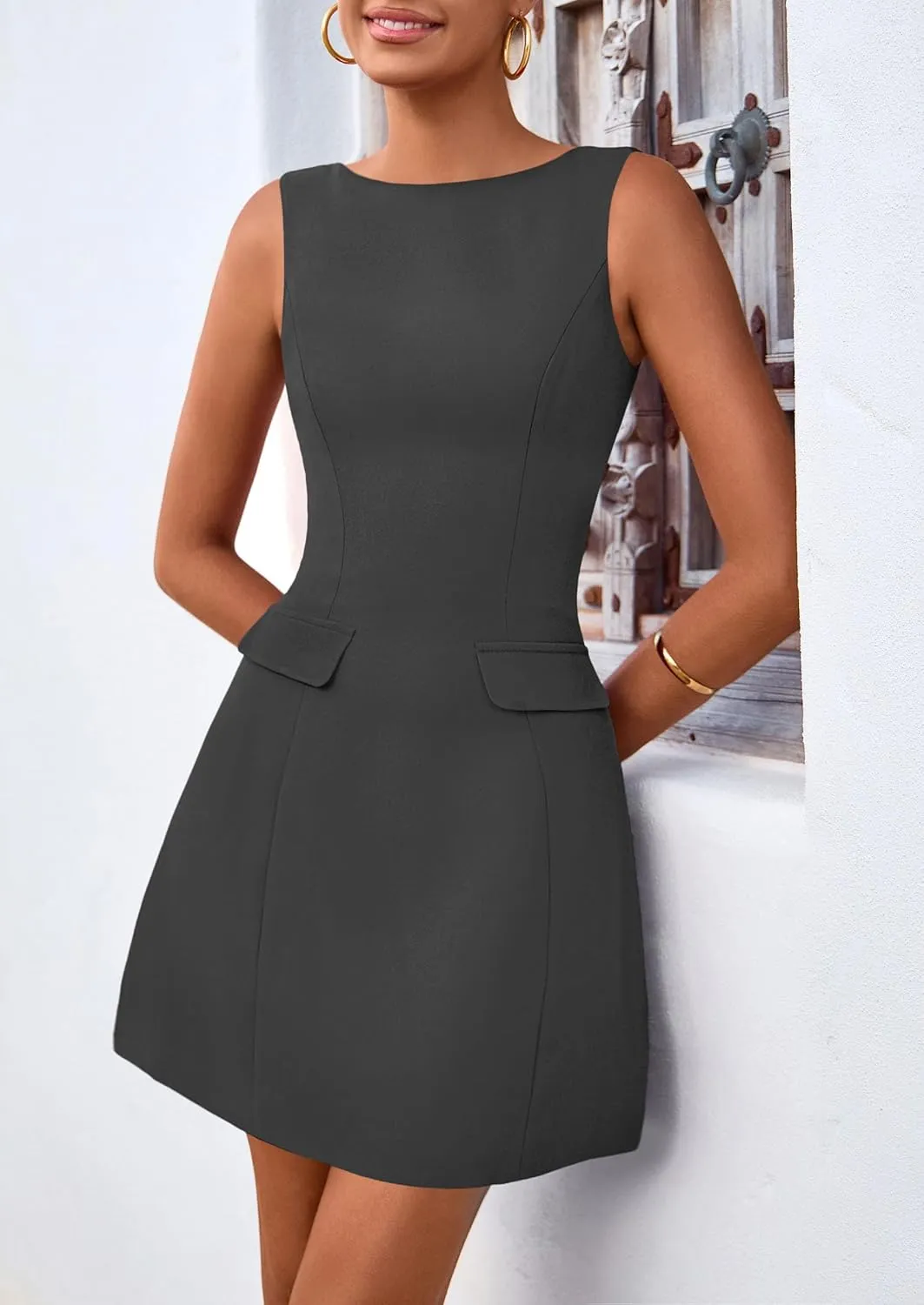 PRETTYGARDEN Womens 2025 Formal Sleeveless Summer Dresses Boat Neck Zipper Bodycon A Line Business Work Mini Dress