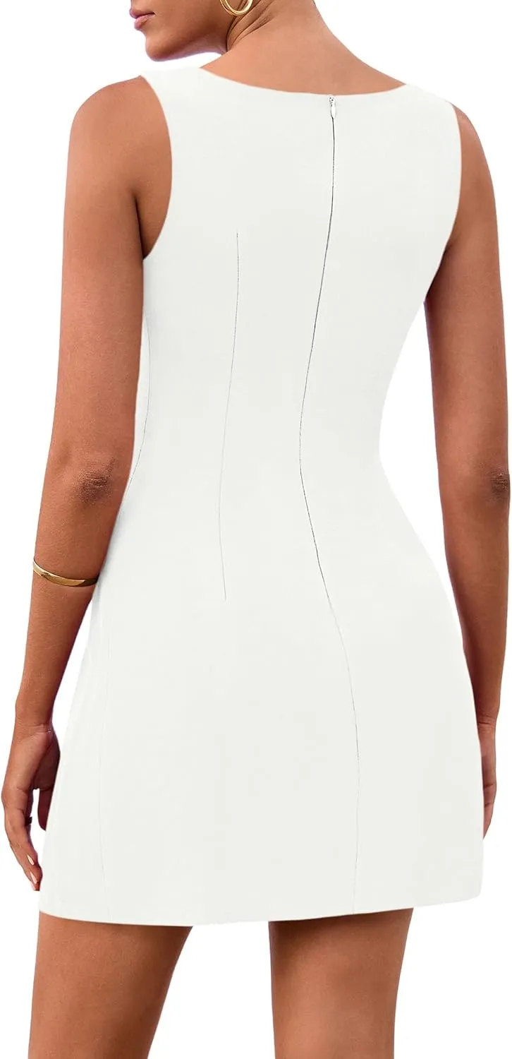 PRETTYGARDEN Womens 2025 Formal Sleeveless Summer Dresses Boat Neck Zipper Bodycon A Line Business Work Mini Dress