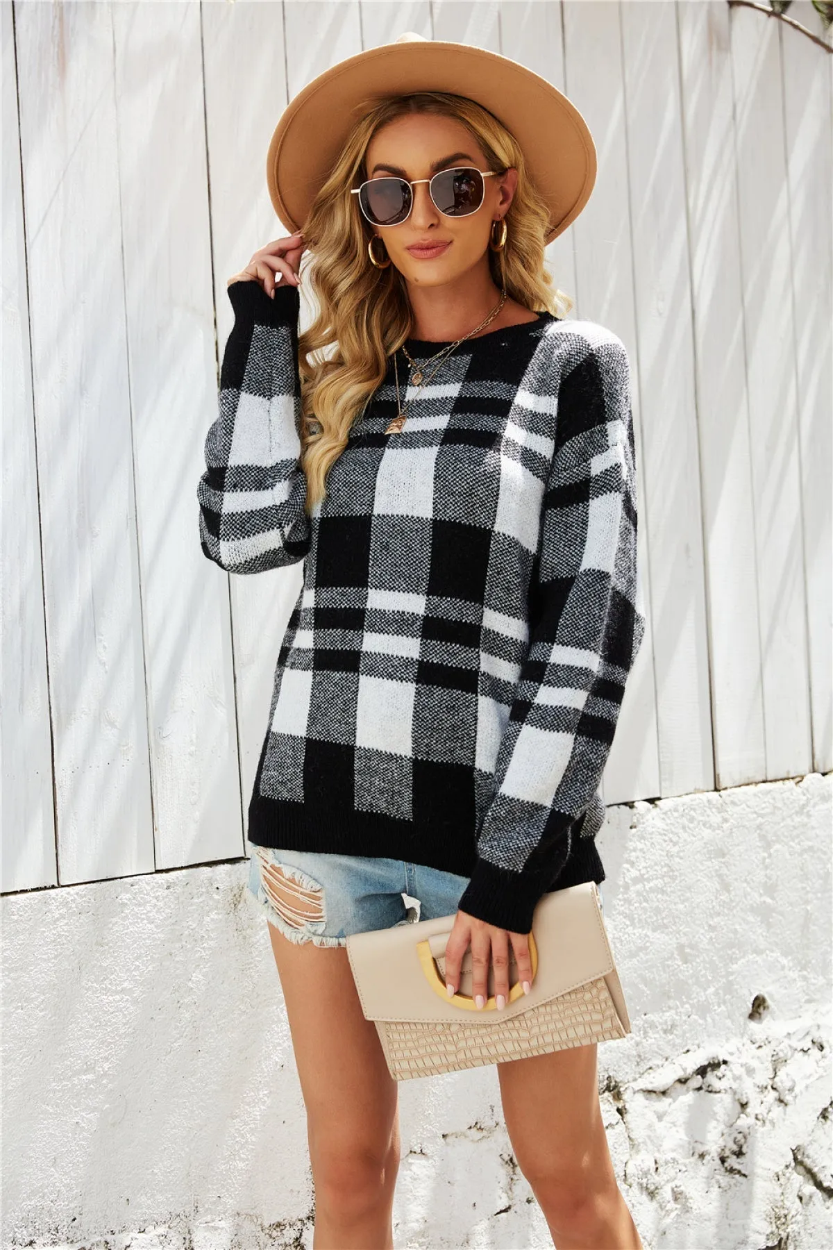 Pullover Plaid Knitted Long Sleeve Sweaters