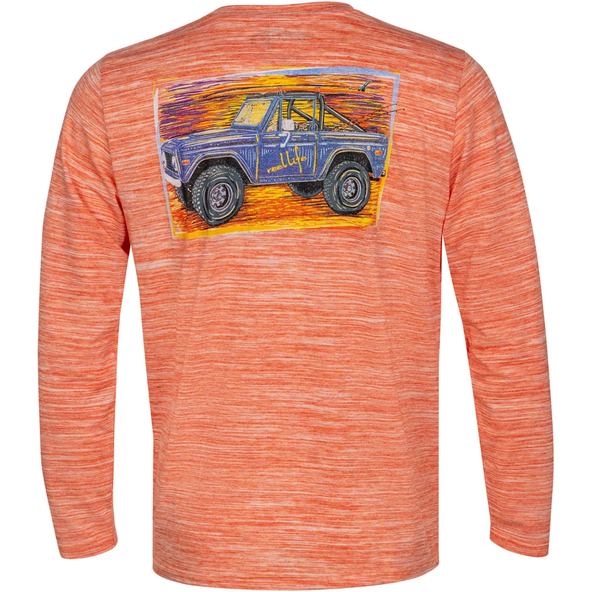 Reel Life Coastal Performance Beach Bound Bronco Long Sleeve Shirt- Spicy Orange