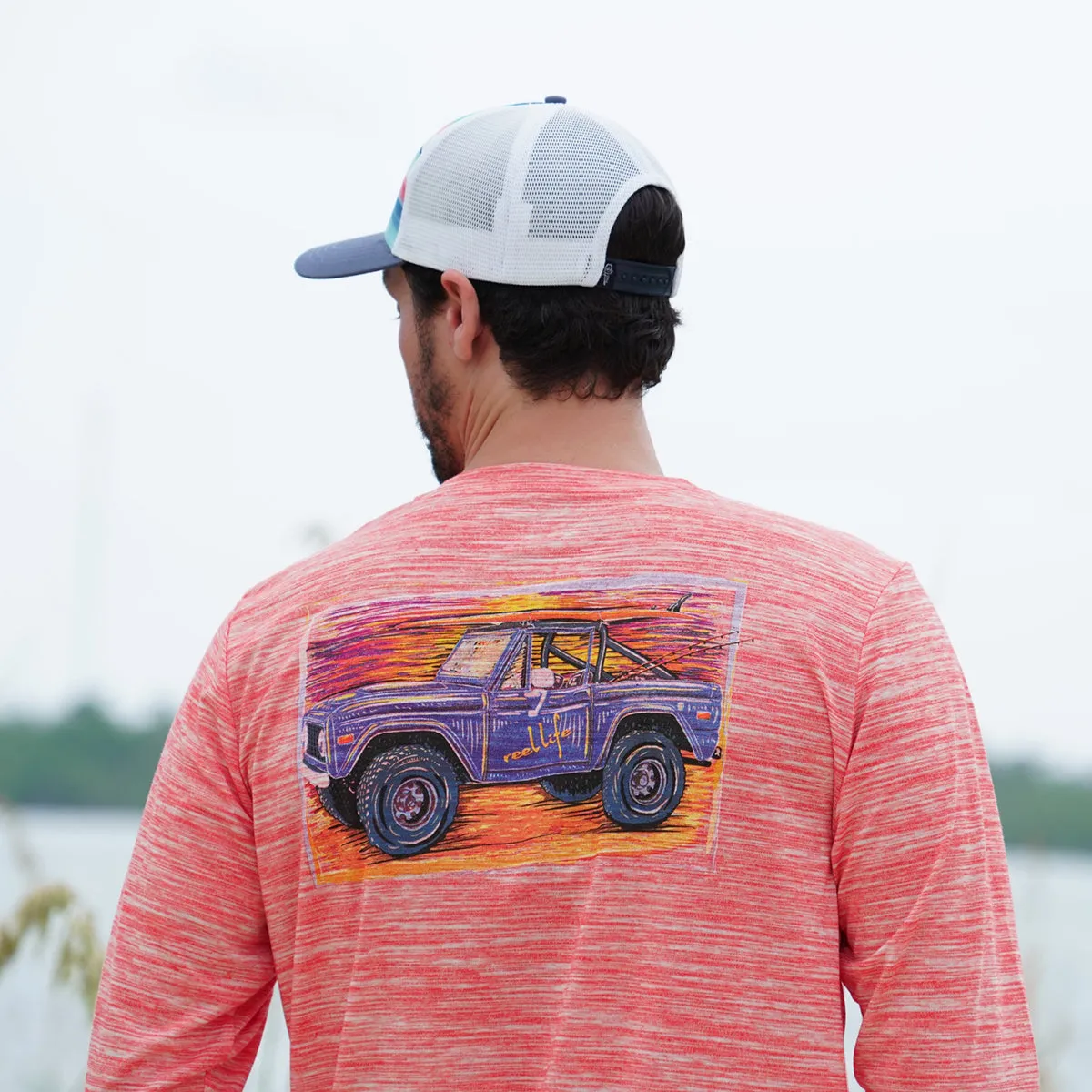 Reel Life Coastal Performance Beach Bound Bronco Long Sleeve Shirt- Spicy Orange