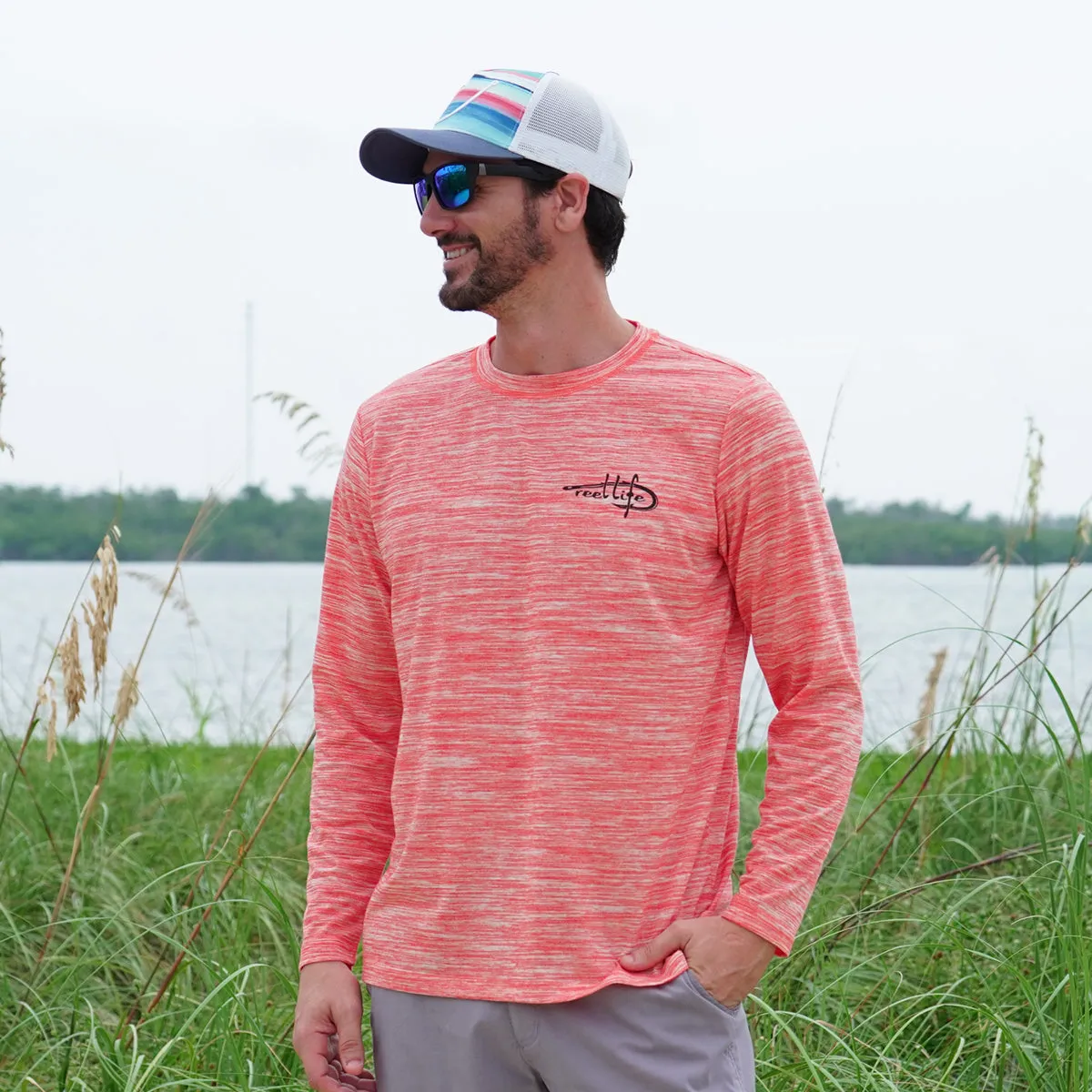 Reel Life Coastal Performance Beach Bound Bronco Long Sleeve Shirt- Spicy Orange