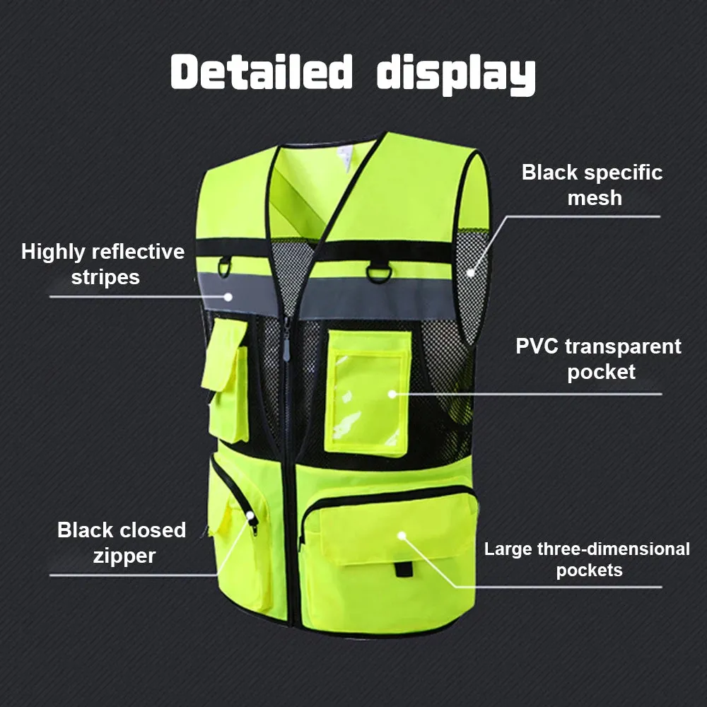 Safety Vest with Pockets High Visibility Reflective Strap Zip Front Breathable Construction Traffic Vest for Men Women