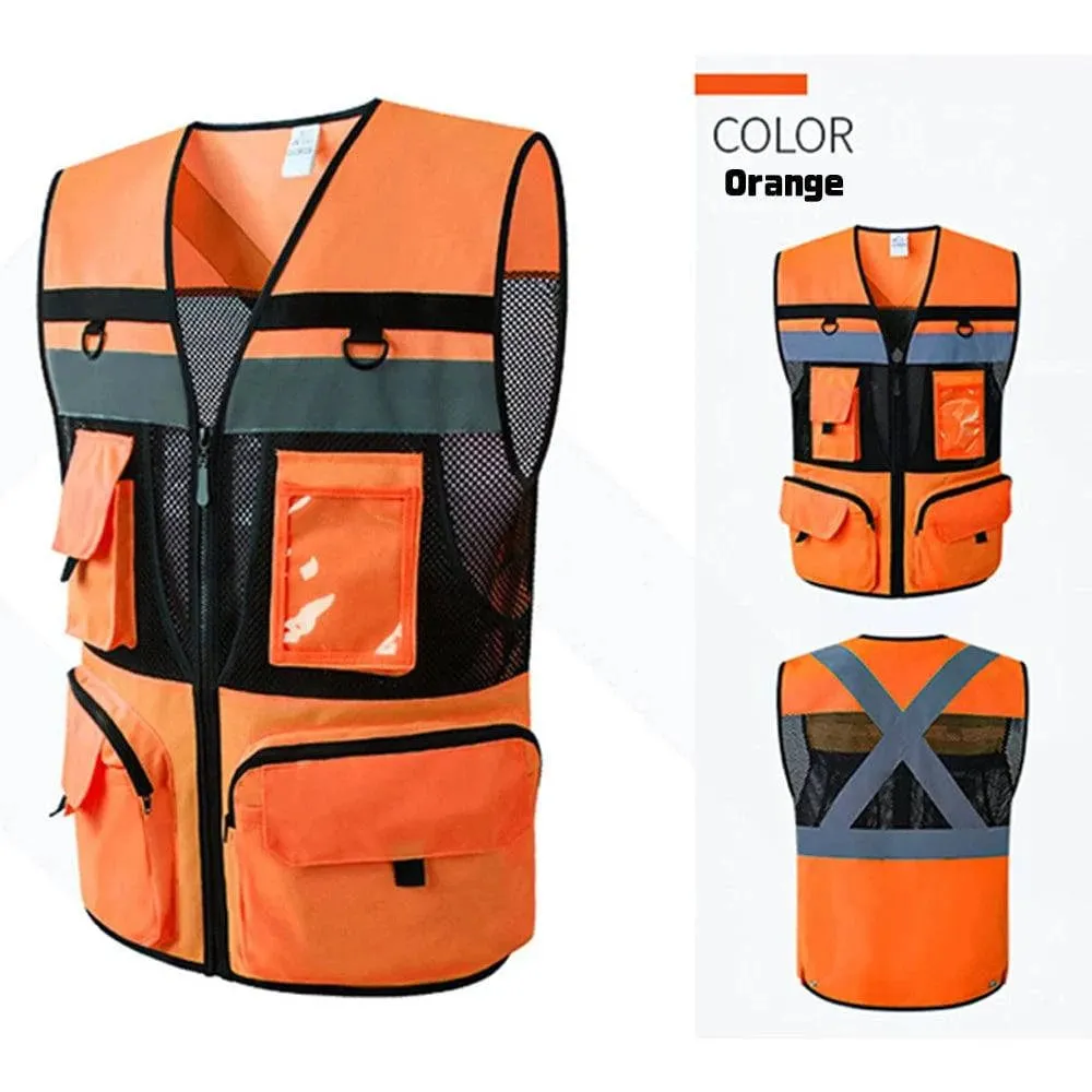 Safety Vest with Pockets High Visibility Reflective Strap Zip Front Breathable Construction Traffic Vest for Men Women